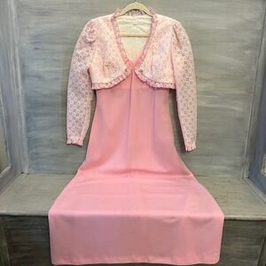 Vintage Pink Sleeveless Vneck Maxi Dress with Cropped Eyelet Bolero Jacket GC